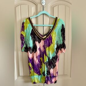 Anthropologie Multicolor Bohemian Top with Dolman Style Short Sleeves